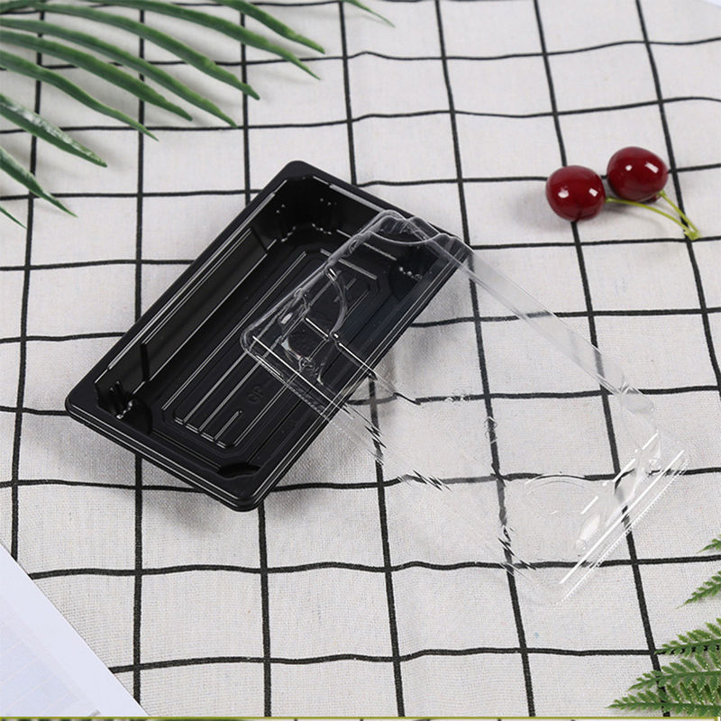 صواني سوشي بلاستيكية من فئة الغذاء PS يمكن التخلص منها مع أغطية مضادة للضباب